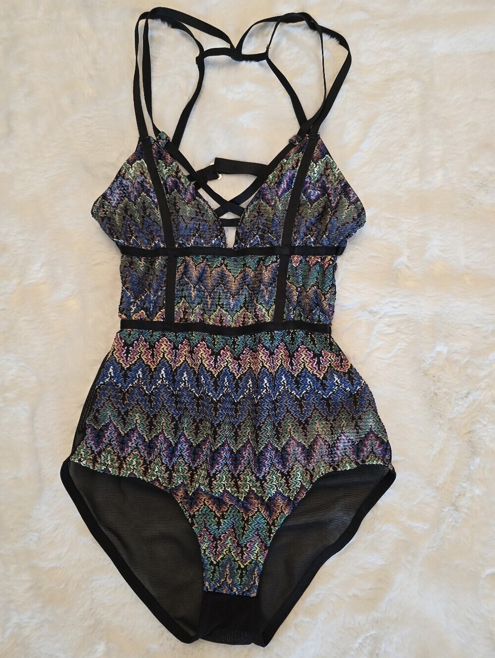 Topshop Multicolor Zigzag Mesh Bodysuit with Black Strappy Trim (NWT) - Picture 2 of 13